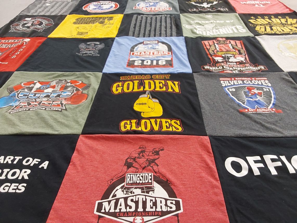 T-shirt quilt with boxing, sports themes by Ken from KS