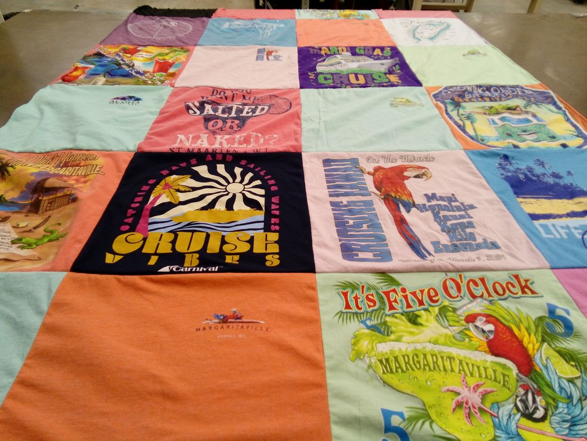 T-shirt quilt with cruising, beach life themes by Jackie from IN