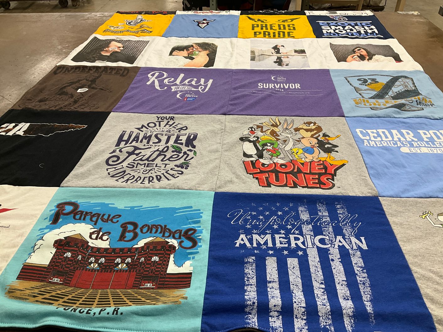 T-shirt quilt with roller coasters, cartoons themes by Lisa from TN