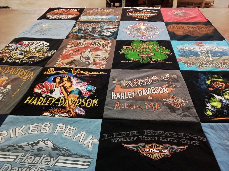 T-shirt quilt with motorcycles, biking themes by Michela from MA