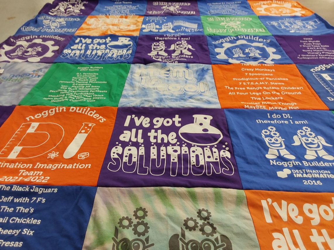 T-shirt quilt featuring noggin builders by Amy from IL