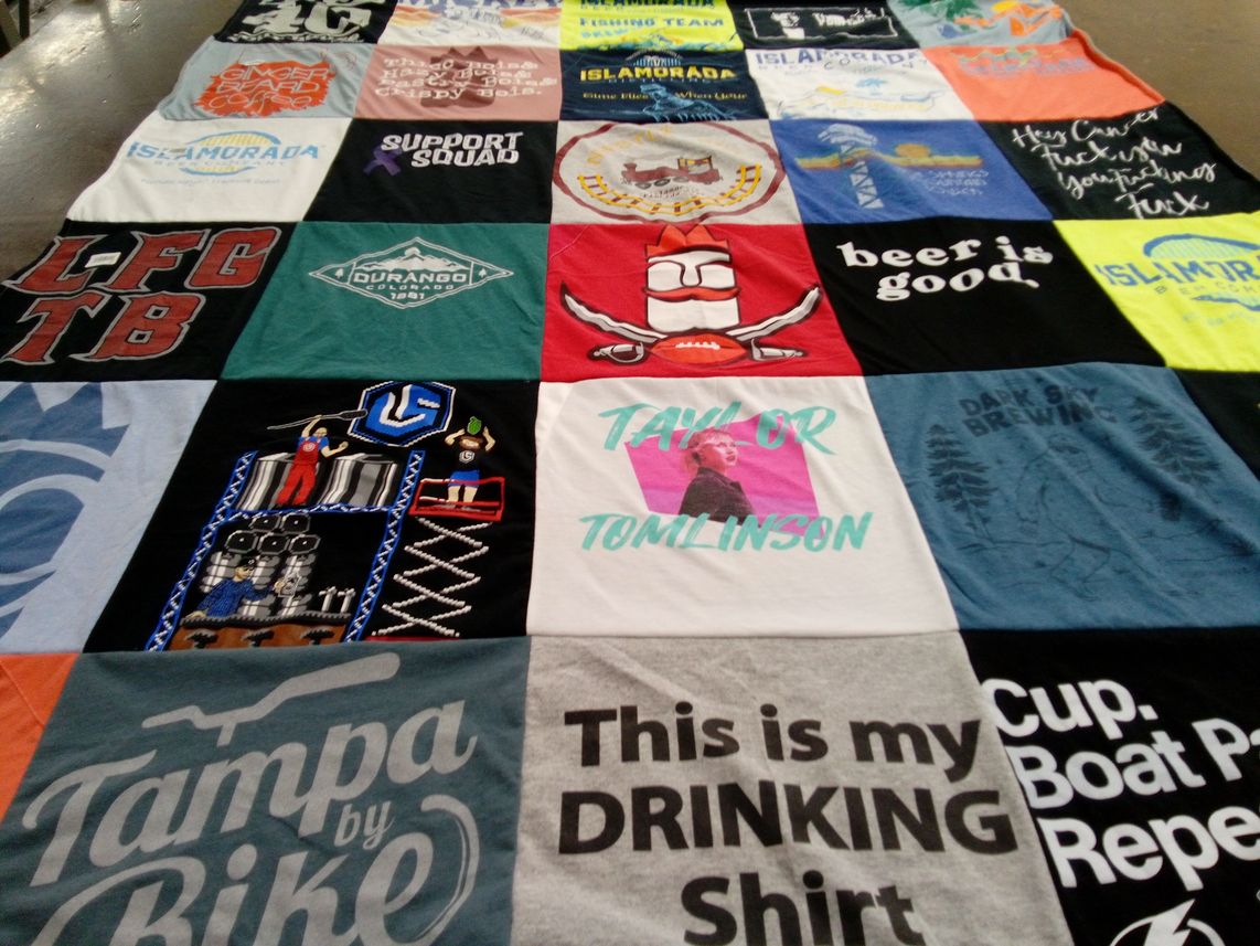 T-shirt quilt with brewing, drinking themes by Kayla from IA