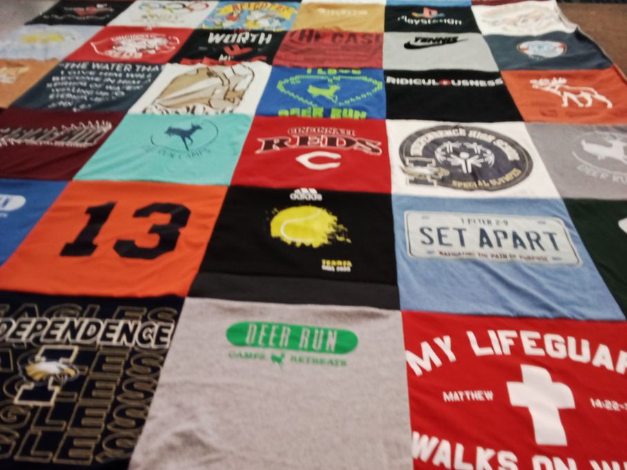 T-shirt quilt with camping, outdoors themes by Laura from TN