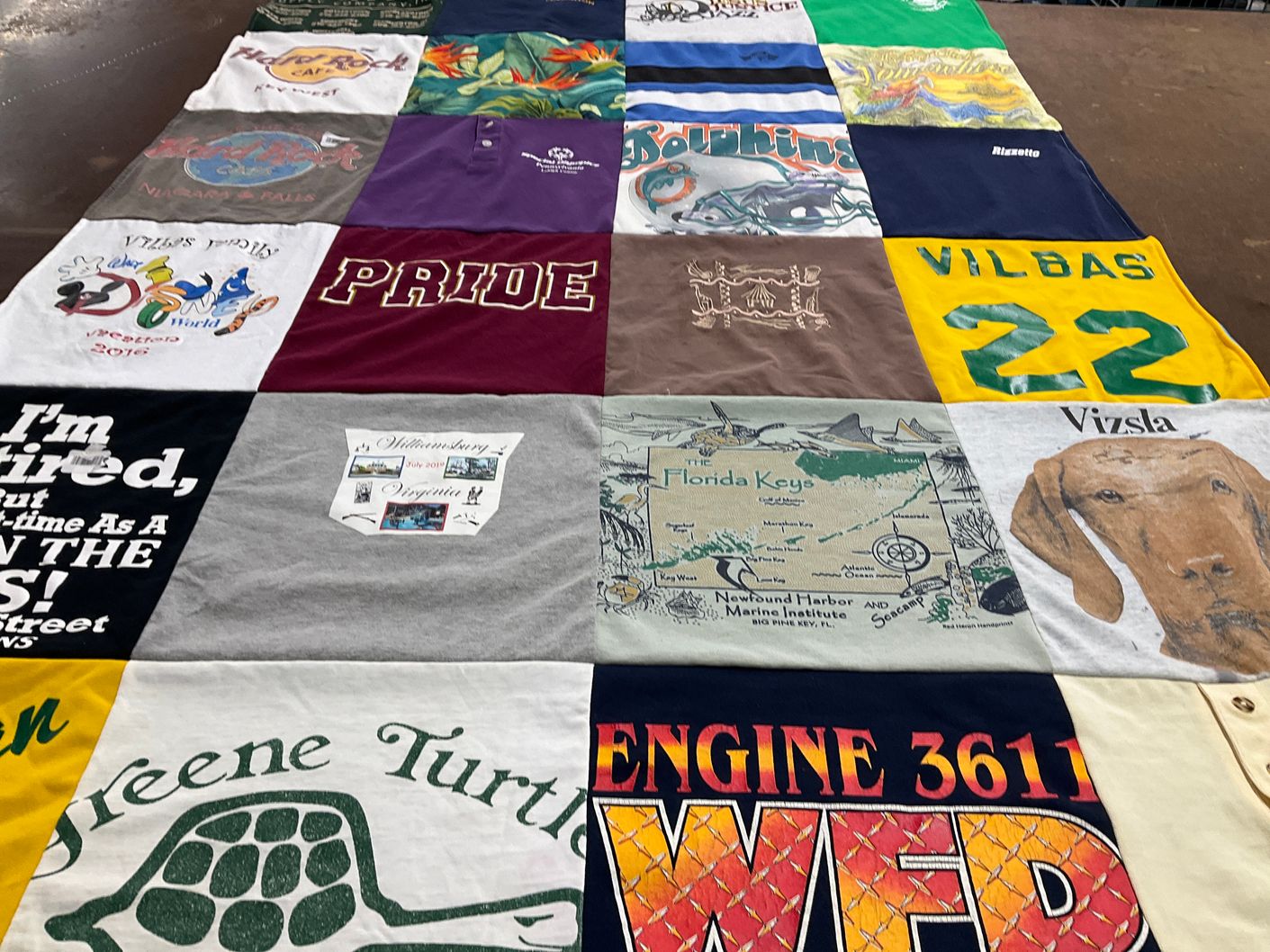 T-shirt quilt with marine life, dogs themes by Deborah from PA