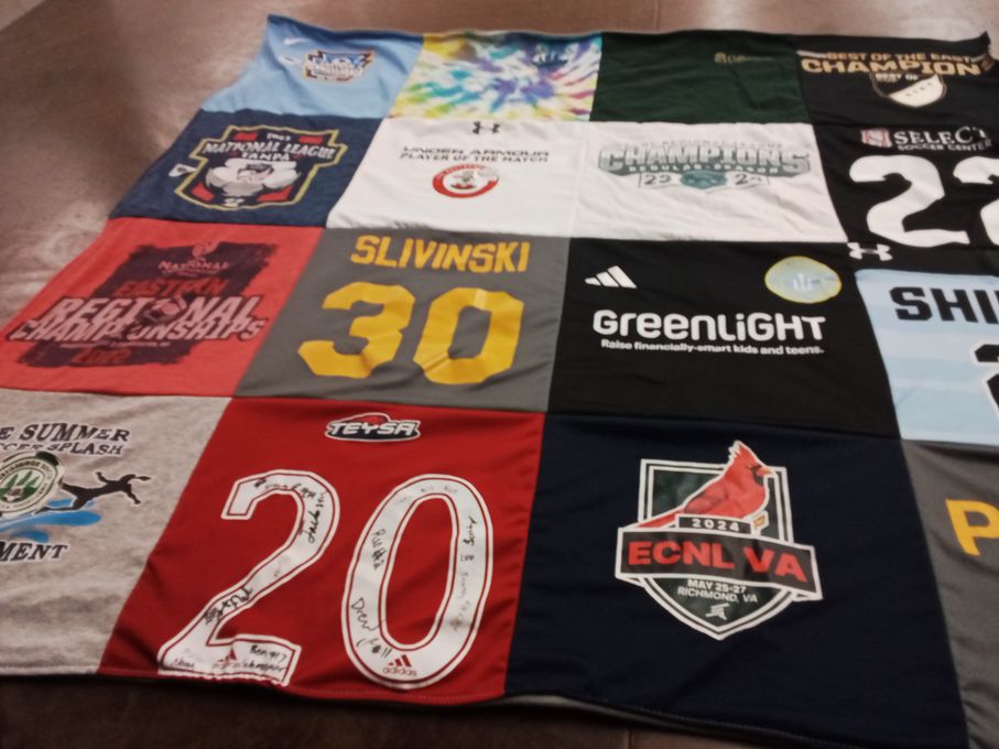 T-shirt quilt with soccer, sports themes by Amy from PA