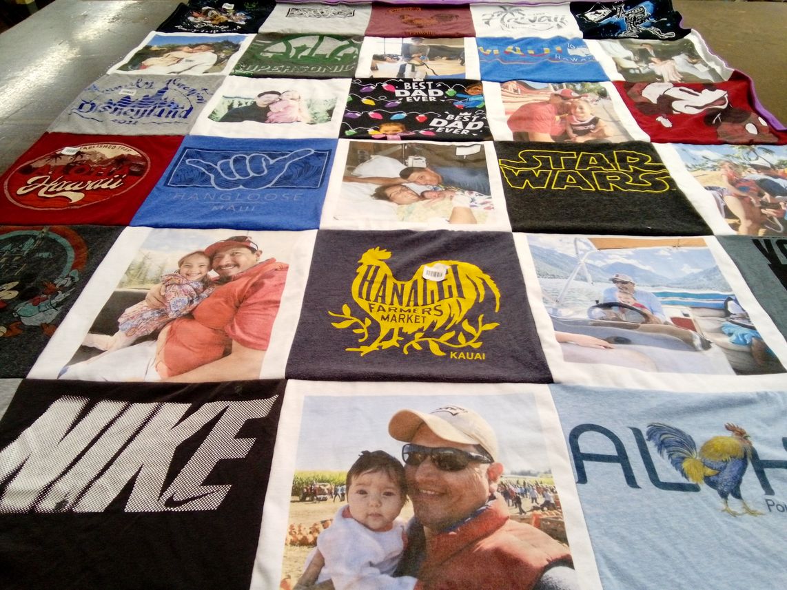 T-shirt quilt with family, travel themes by Harmony from OR