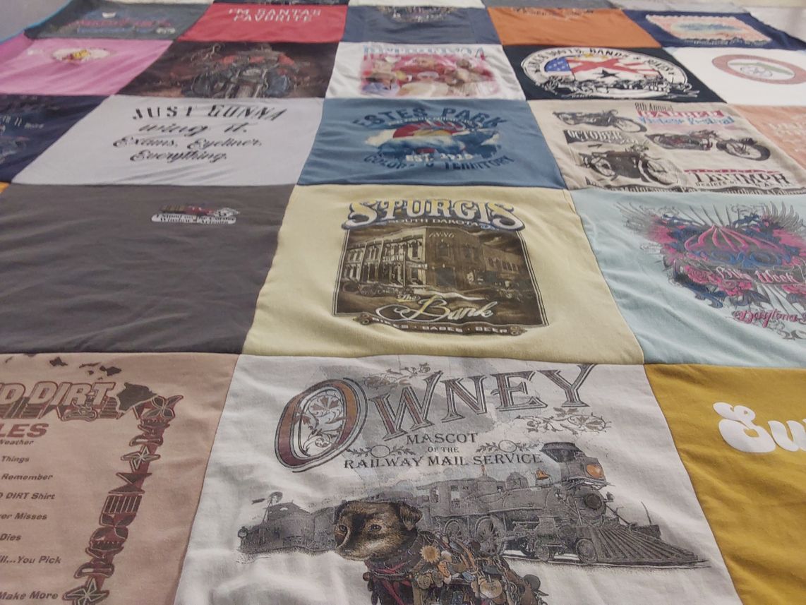 T-shirt quilt with motorcycles, travel themes by Carolann from FL