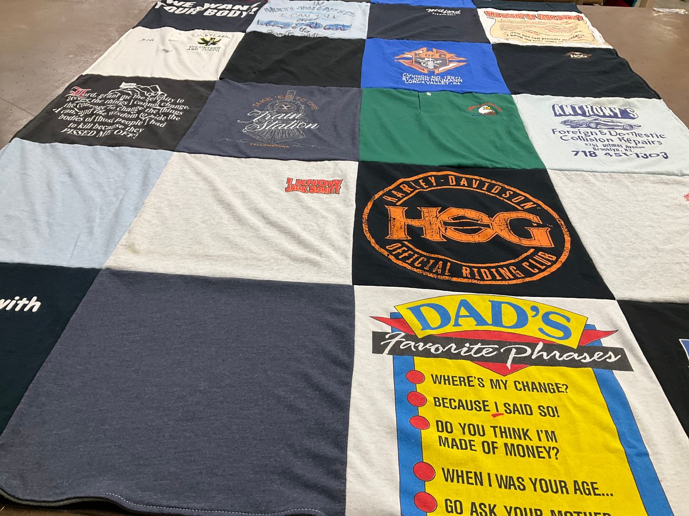 T-shirt quilt with motorcycles, humor themes by Claudia from NY