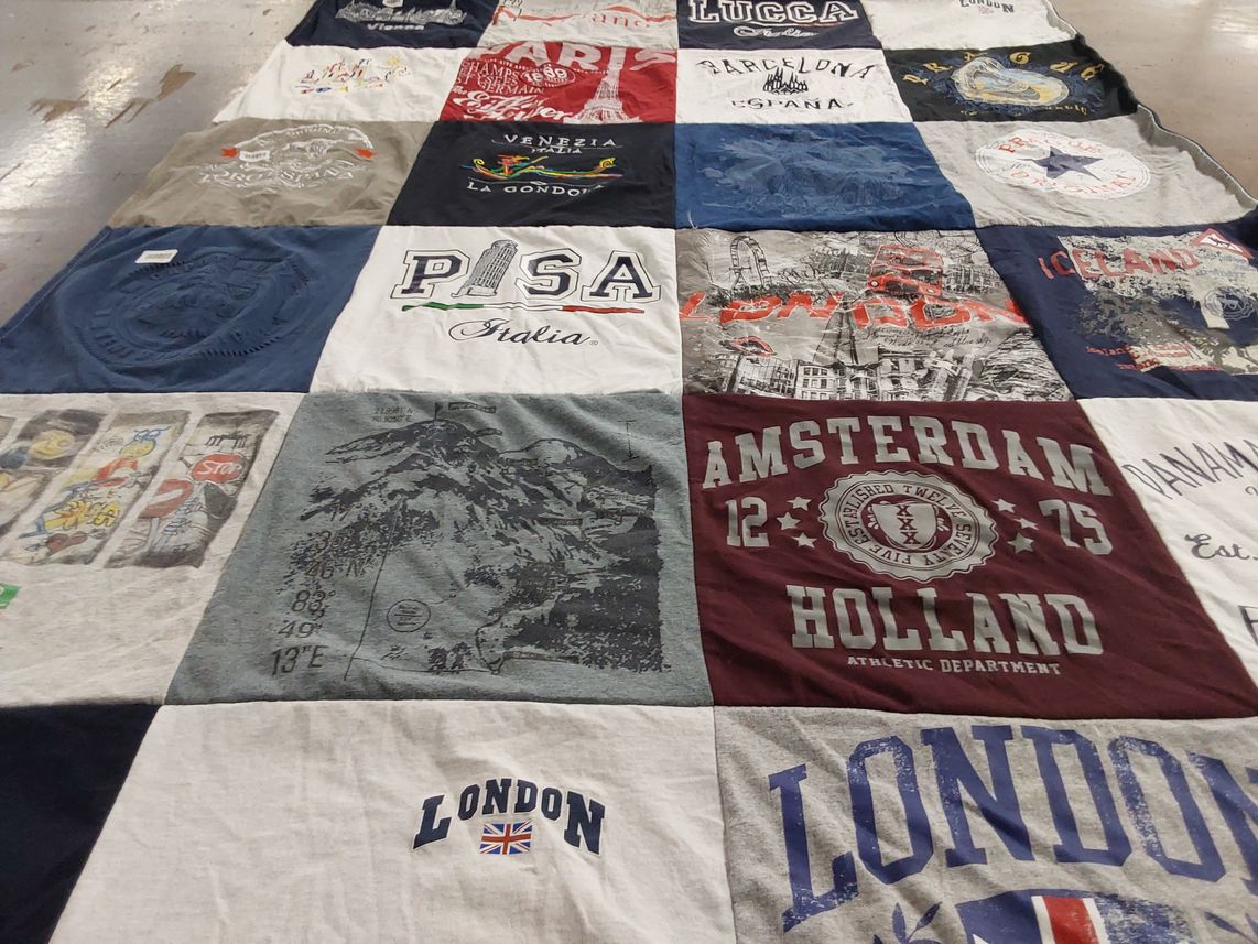 T-shirt quilt with travel, cities themes by Nina from FL