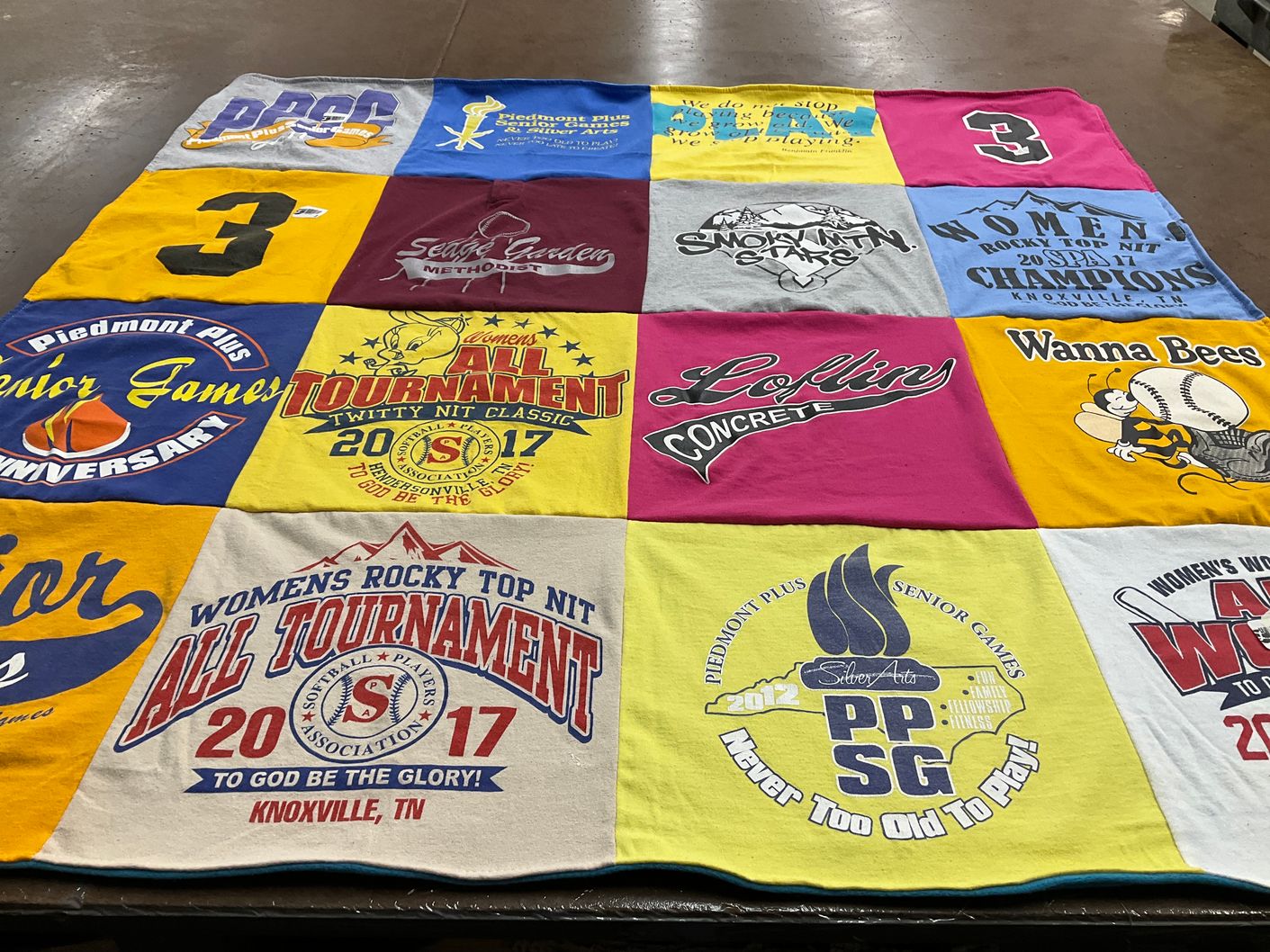 T-shirt quilt with softball, senior games themes by Diane from NC