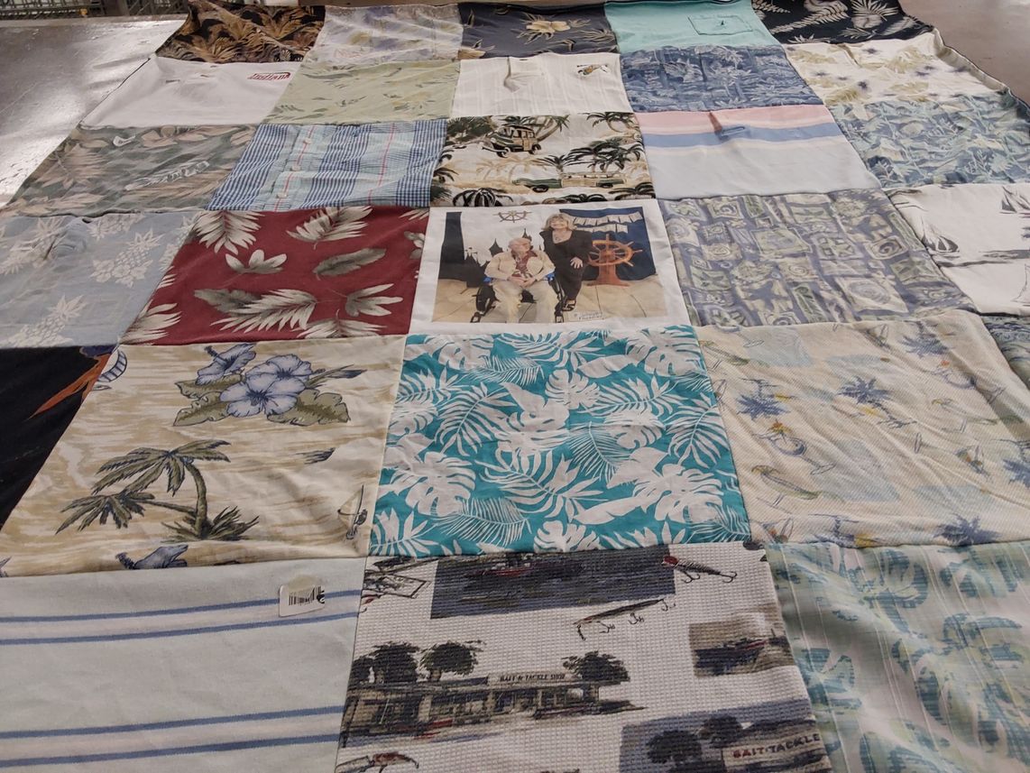 T-shirt quilt with fishing, beach themes by Susie Campbell from IN