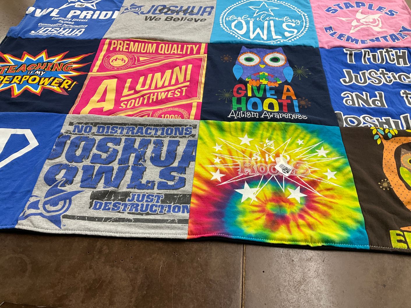 T-shirt quilt featuring joshua owls by Karen from TX