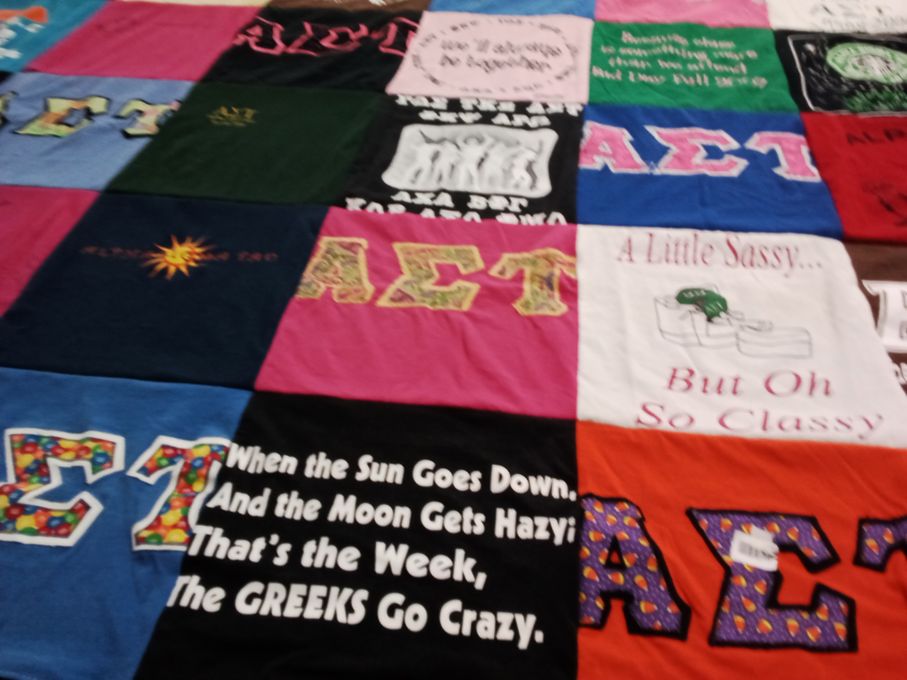 T-shirt quilt with greek life, sororities themes by Kirsten from PA