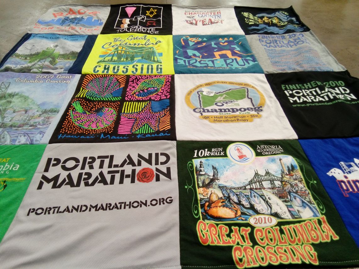 T-shirt quilt with running, marathons themes by Susan from OR
