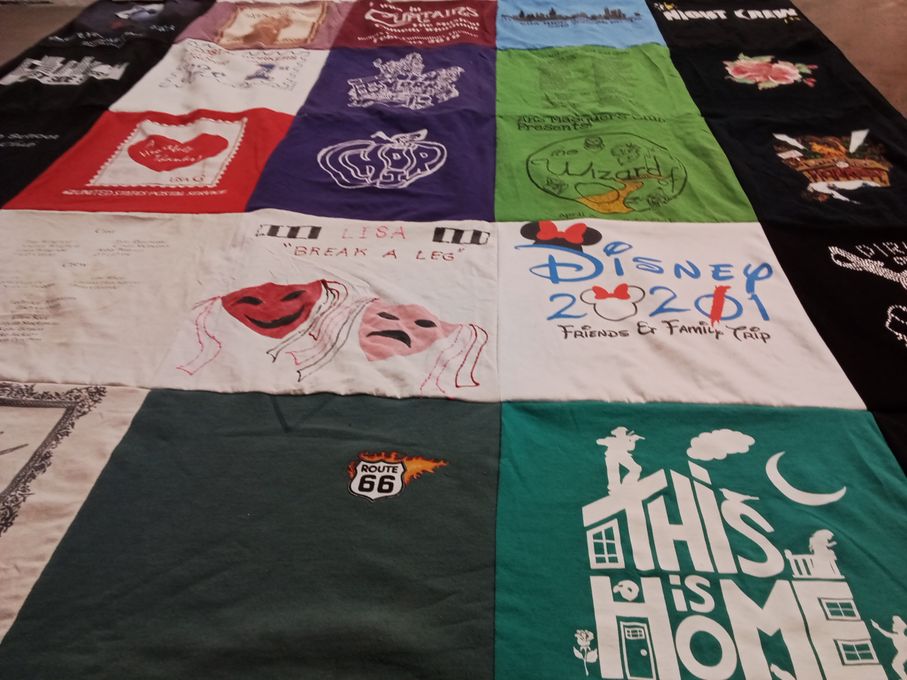 T-shirt quilt with travel, theater themes by Vicky from AL