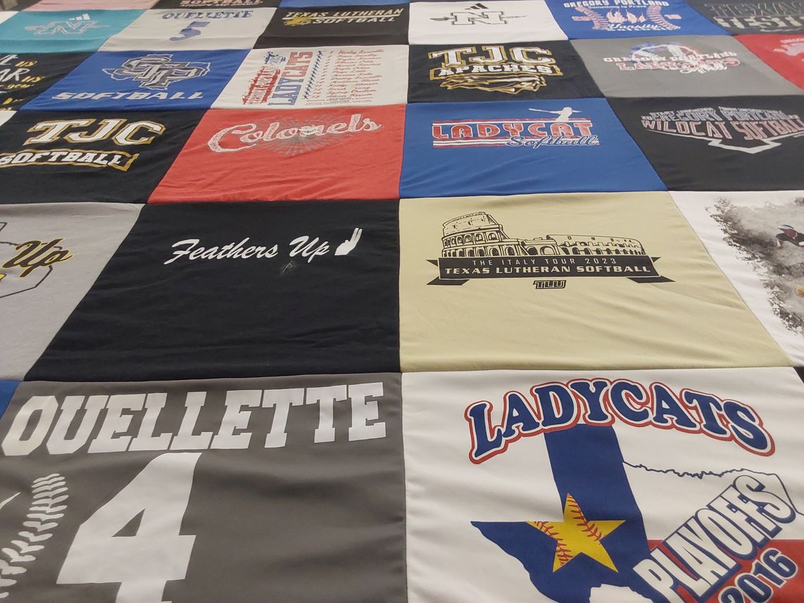 T-shirt quilt featuring ladycats softball by Myrna from TX