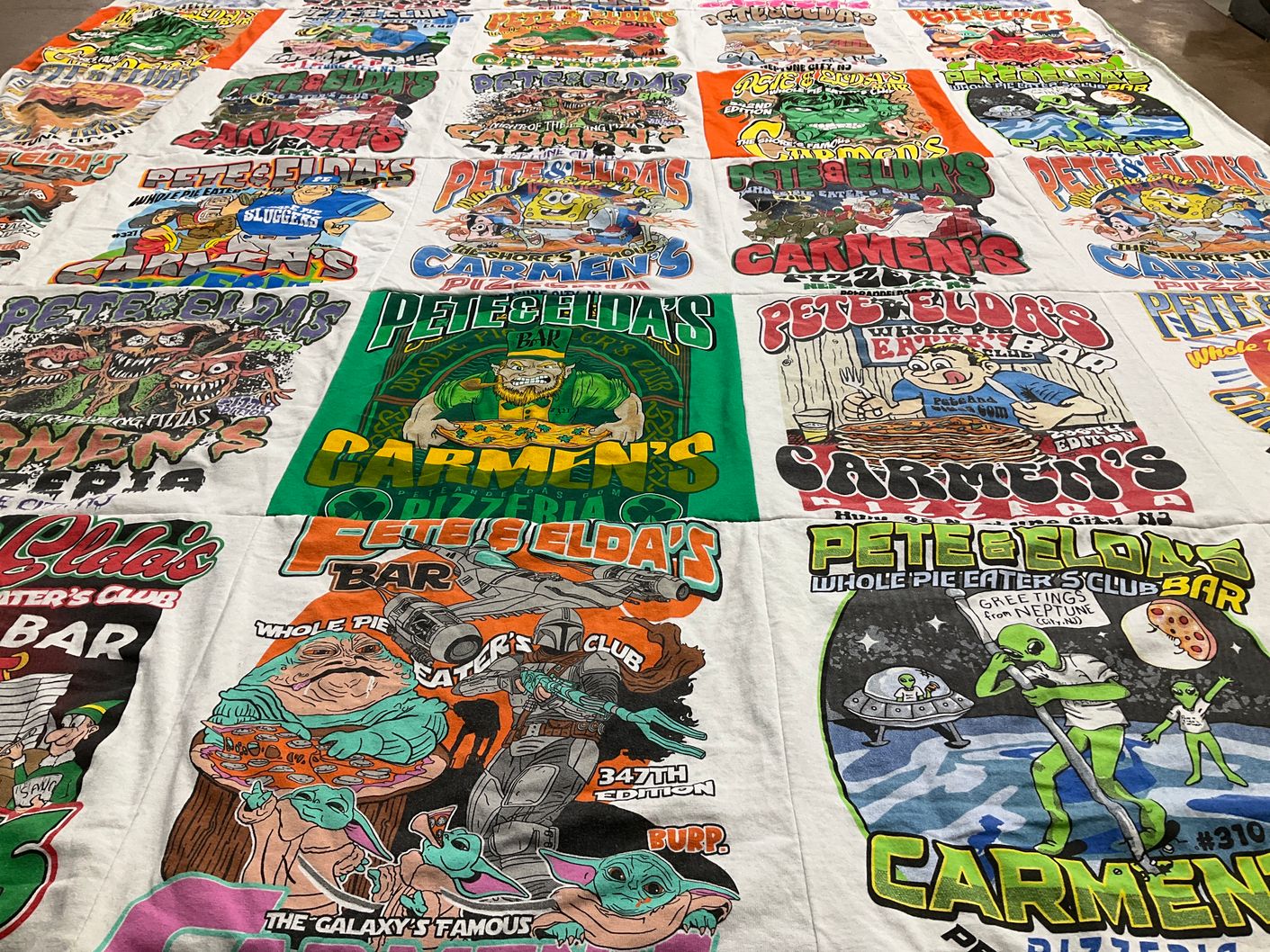 T-shirt quilt with food, pizza themes by Dani from NJ