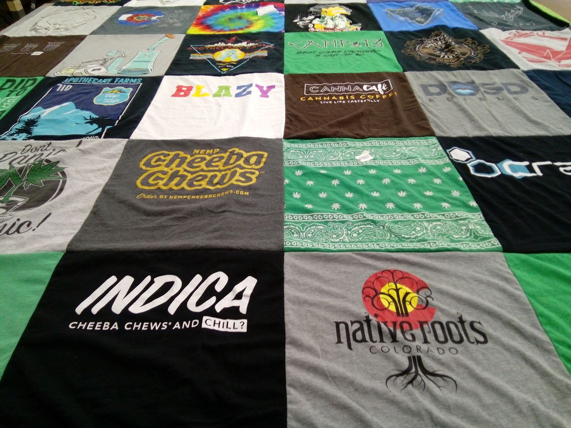 T-shirt quilt with cannabis, cooking themes by Carrie from CO