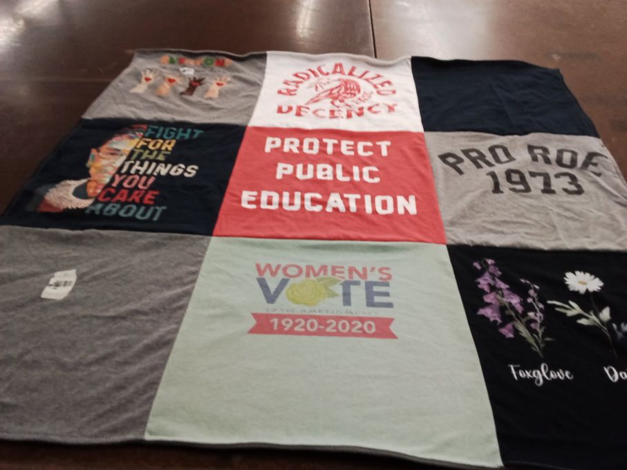T-shirt quilt with social justice, activism themes by Mary from NV