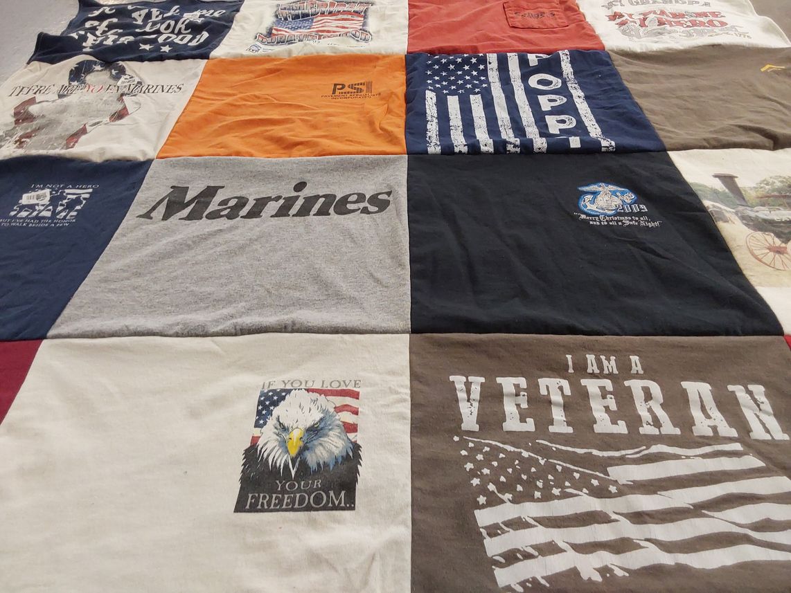 T-shirt quilt with military, veterans themes by Melody from FL