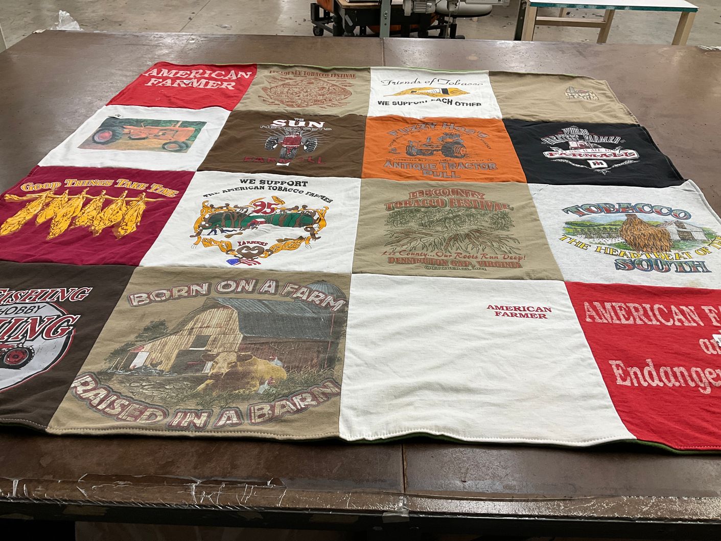 T-shirt quilt with farming, agriculture themes by Ellen from VA