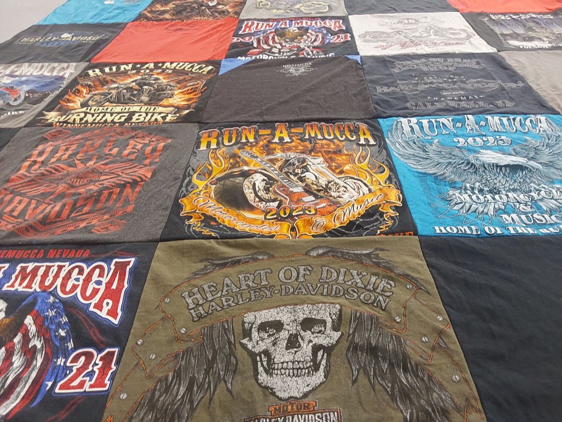 T-shirt quilt with motorcycles, biking themes by Patsy from ID