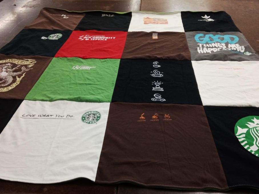 T-shirt quilt with coffee, service themes by Katherine from NC