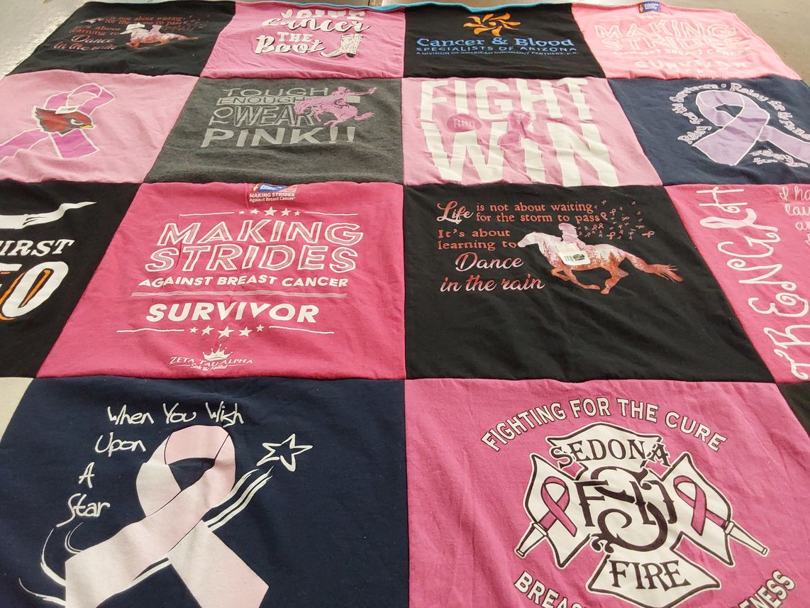 T-shirt quilt with breast cancer awareness, support groups themes by Ruth from AZ