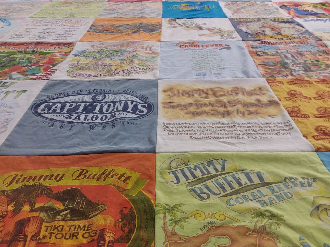 T-shirt quilt with music, beach culture themes by Jennie from NC