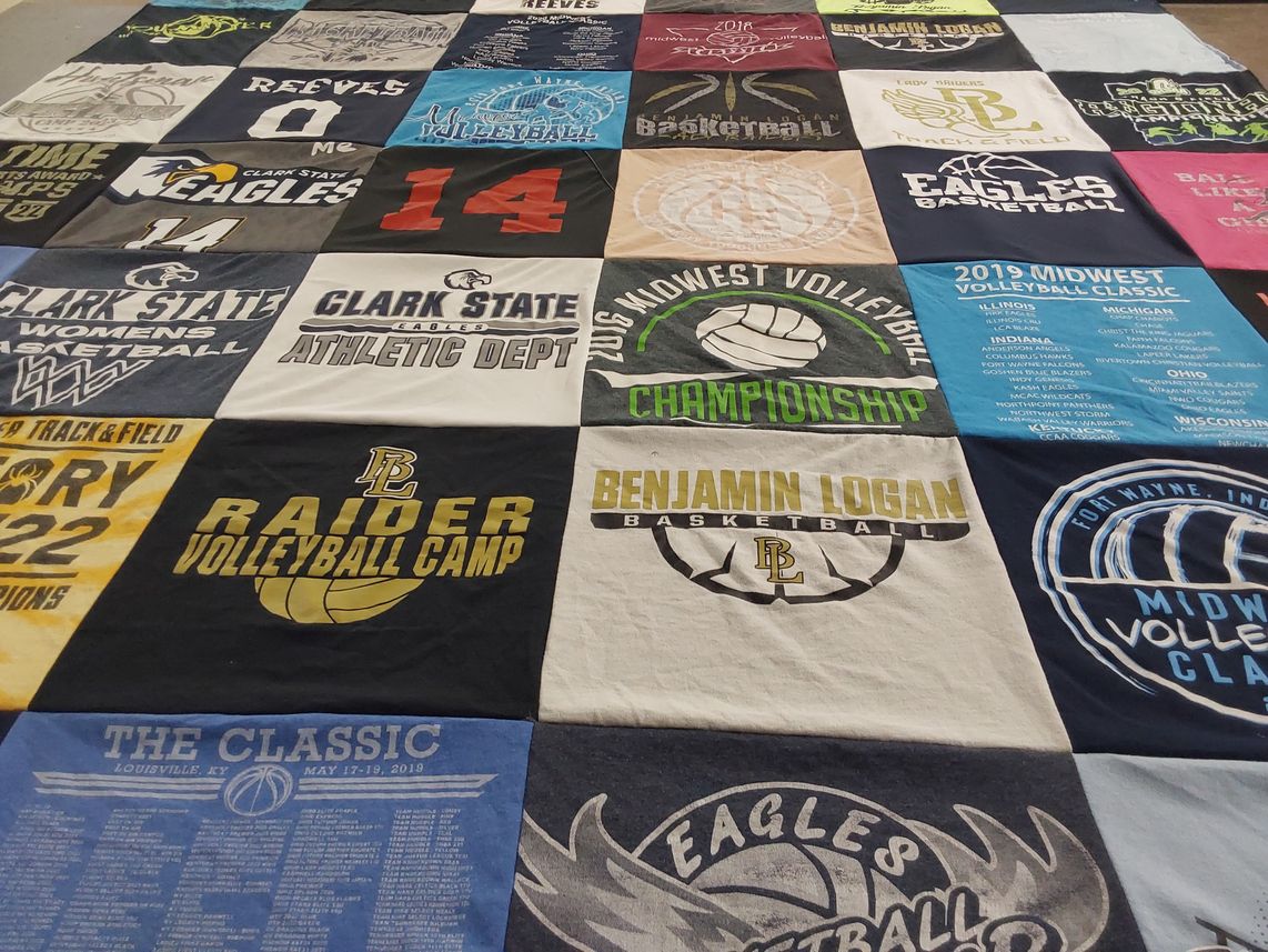T-shirt quilt featuring clark state eagles women's basketball, benjamin logan raiders basketball by Jill from OH