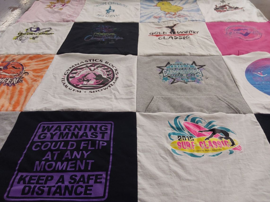 T-shirt quilt with gymnastics, surfing themes by Lisa from CA