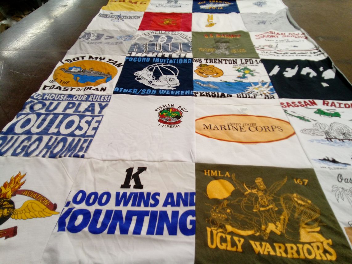 T-shirt quilt with military, aviation themes by maribel from FL