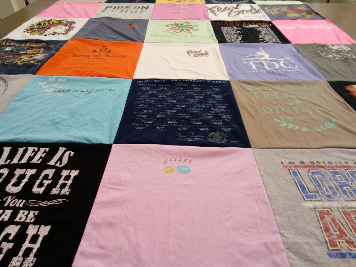 T-shirt quilt with faith, music themes by Tanya from MS