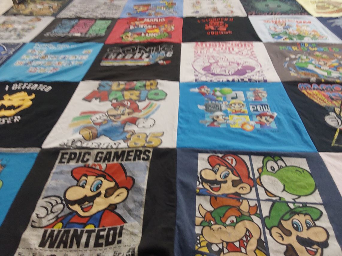 T-shirt quilt with video games, super mario series themes by Laura from MN