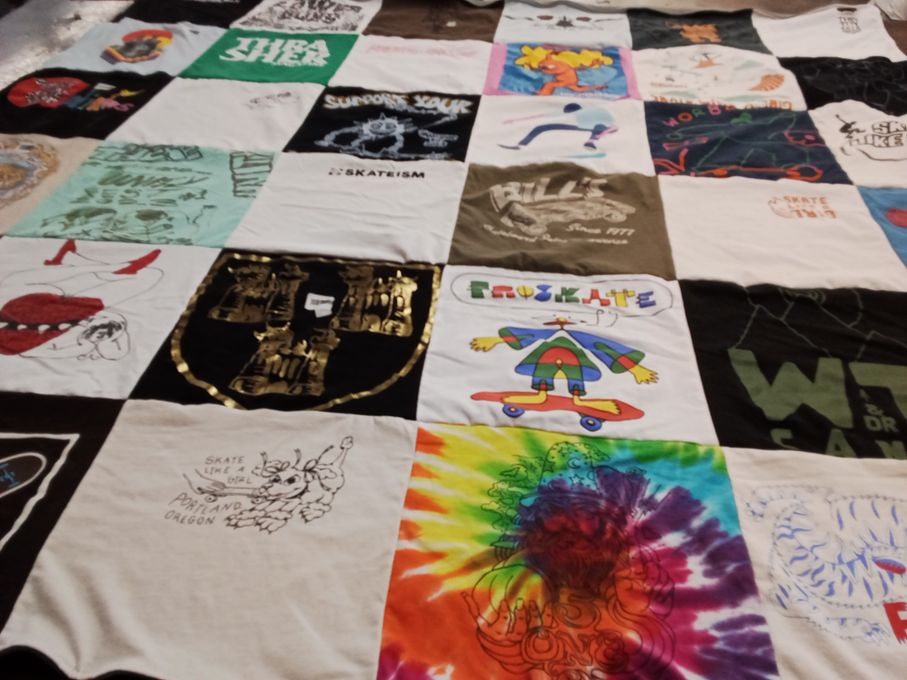 T-shirt quilt with skateboarding themes by Maria from CA