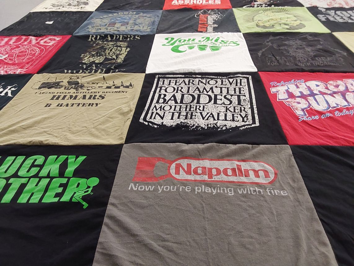 T-shirt quilt with military, artillery themes by Amy from MI
