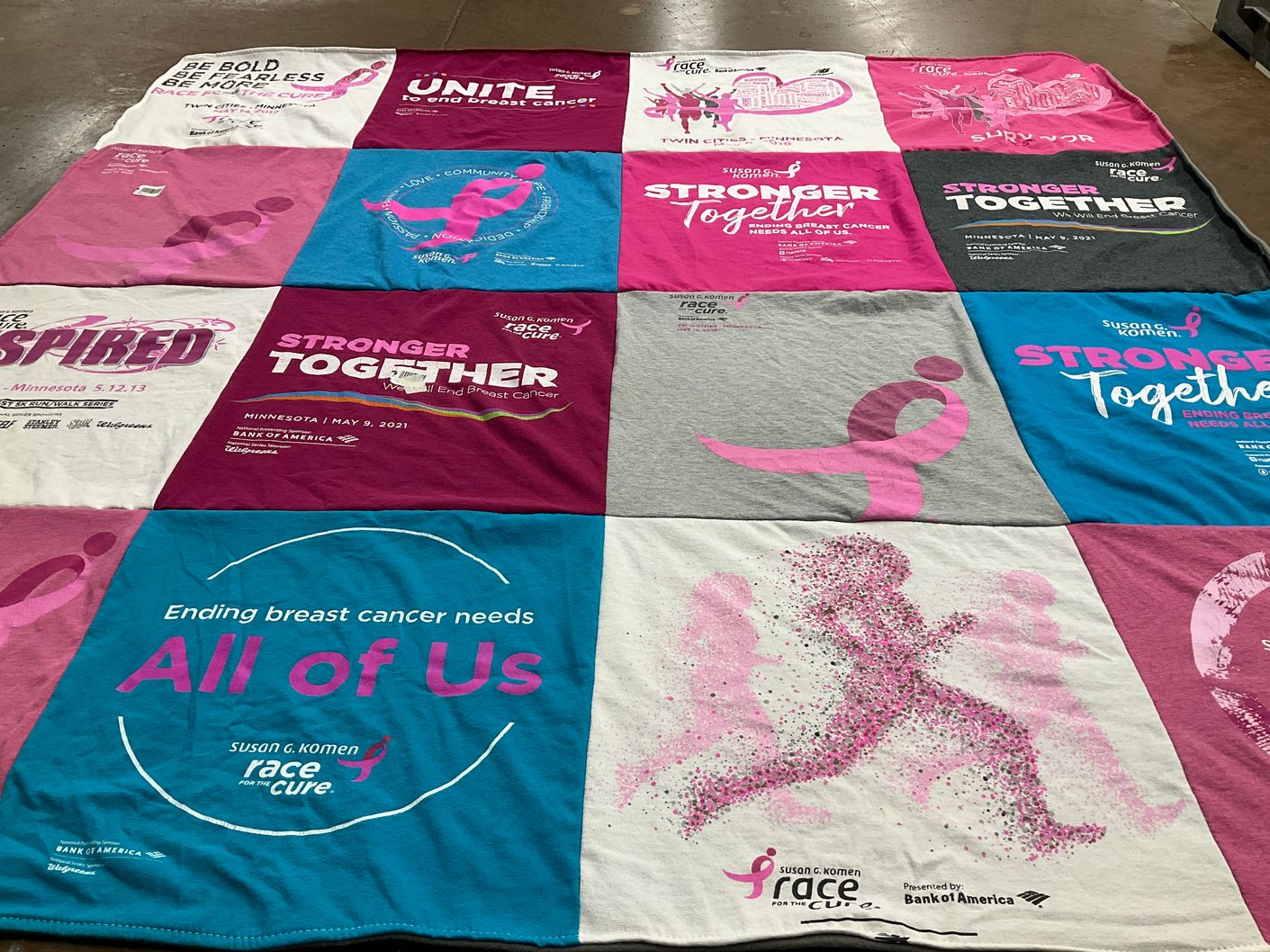 T-shirt quilt with breast cancer awareness, fundraising themes by Julie from GA