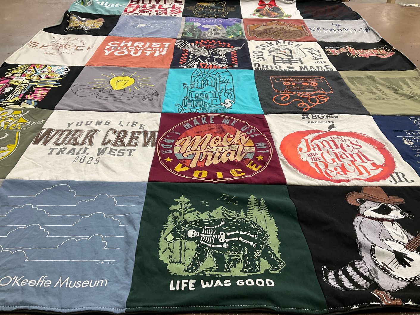 T-shirt quilt with youth ministry, theater themes by Shawn from KY