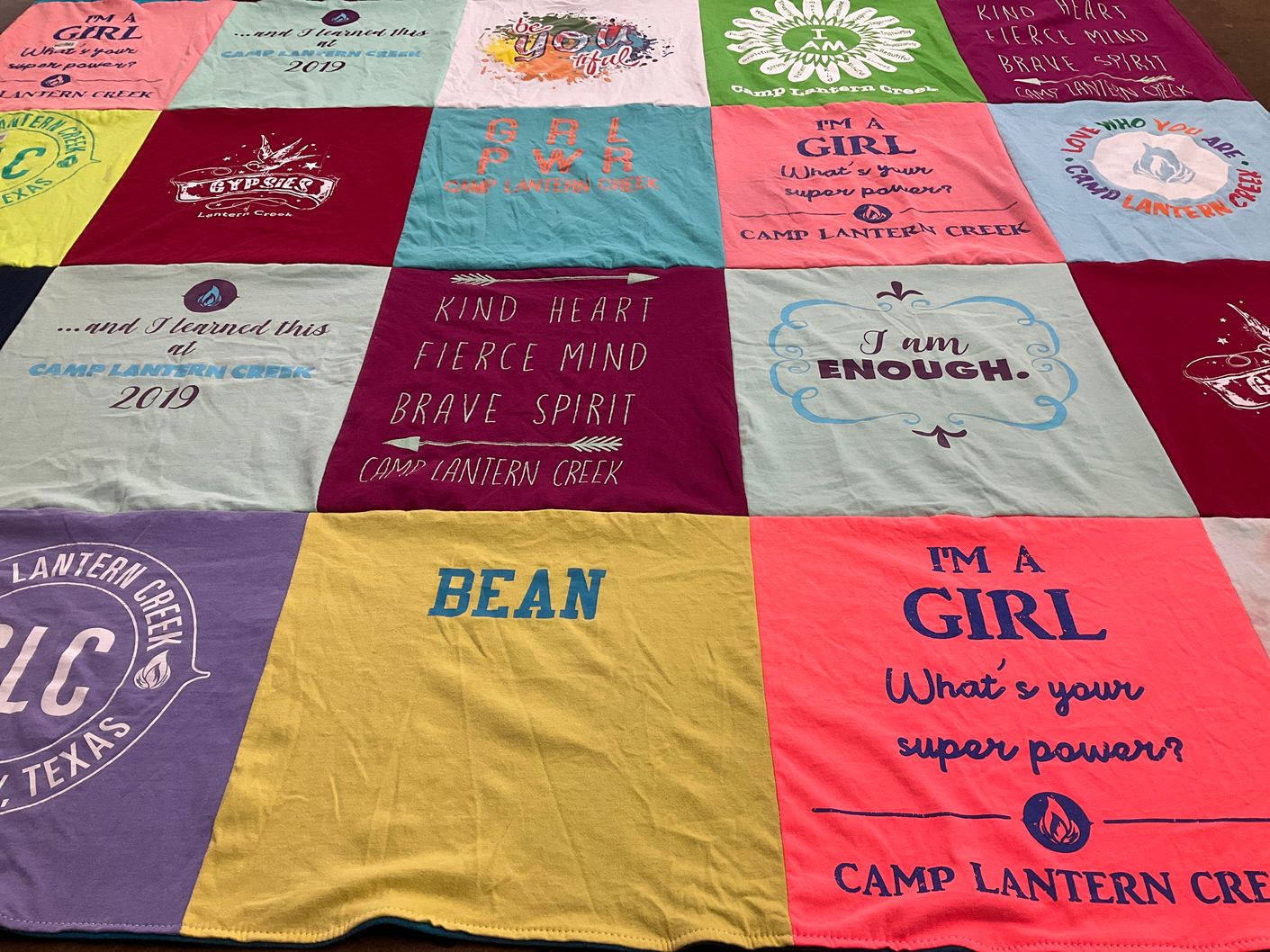 T-shirt quilt with camping, empowerment themes by Shelly from WA