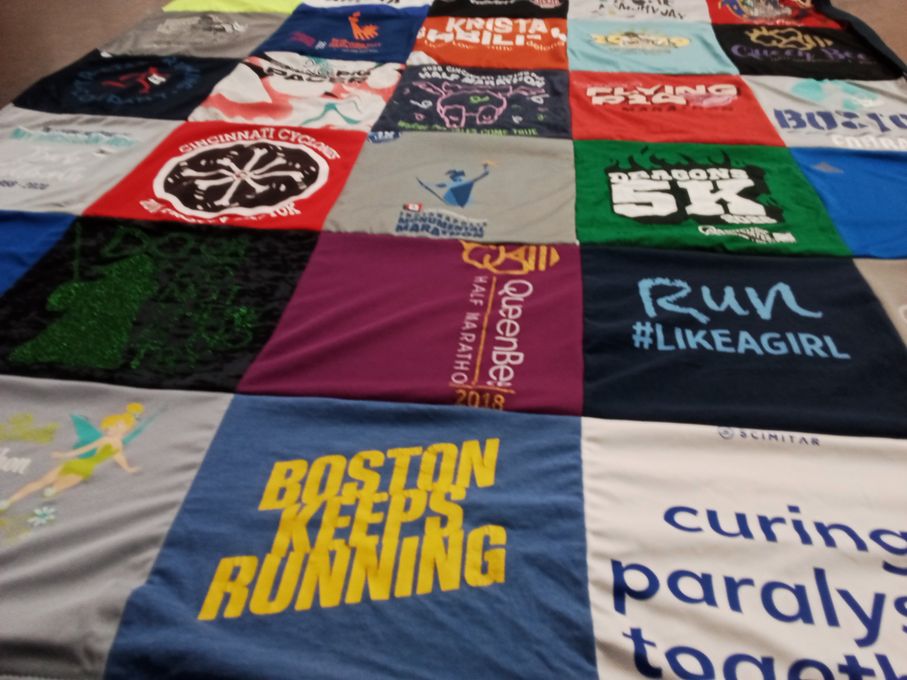 T-shirt quilt with running, sports themes by Krista from OH
