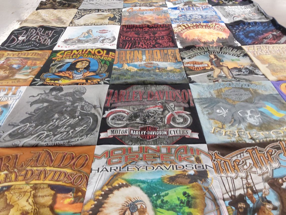 T-shirt quilt with motorcycles, biking themes by Michael from IN