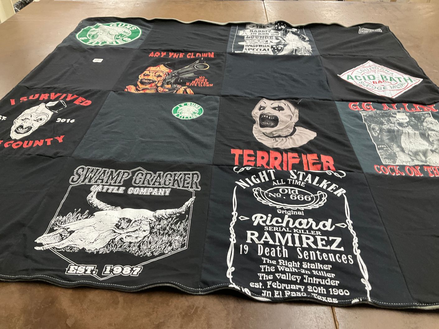 T-shirt quilt with horror, true crime themes by Debra from TX