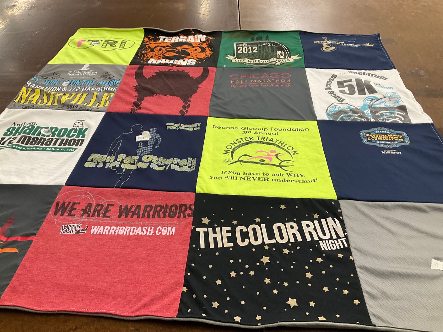 T-shirt quilt with running, marathons themes by Nickie from TN