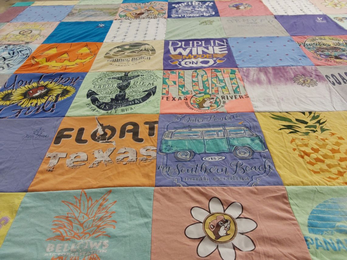 T-shirt quilt with beach, travel themes by Kim from FL