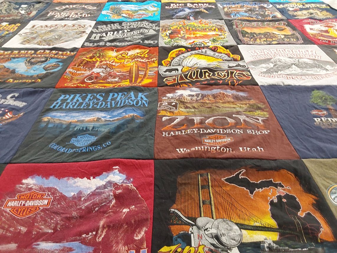 T-shirt quilt with motorcycles, outdoor themes by Linda from IA