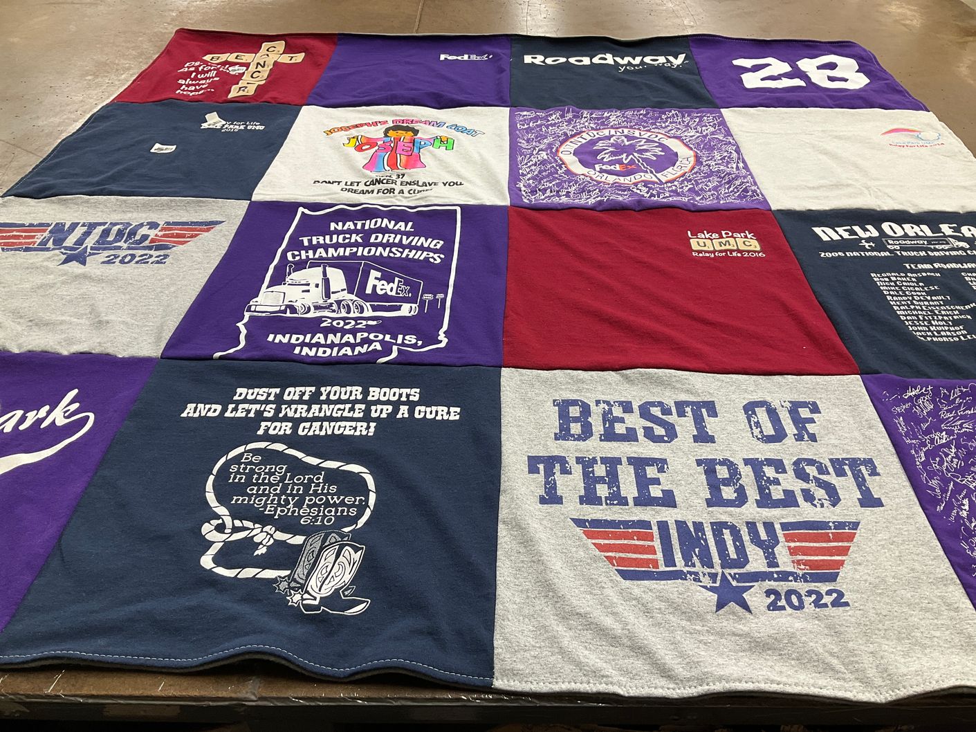 T-shirt quilt with cancer awareness, trucking themes by Tammy from SC
