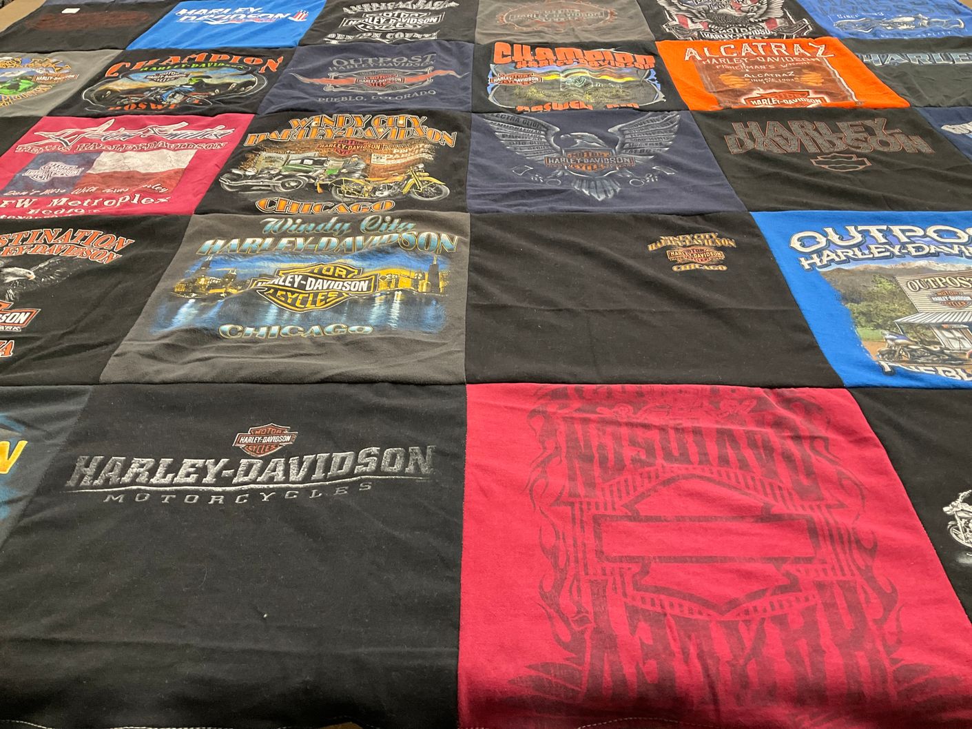 T-shirt quilt with motorcycles, biking themes by Manuel from TX