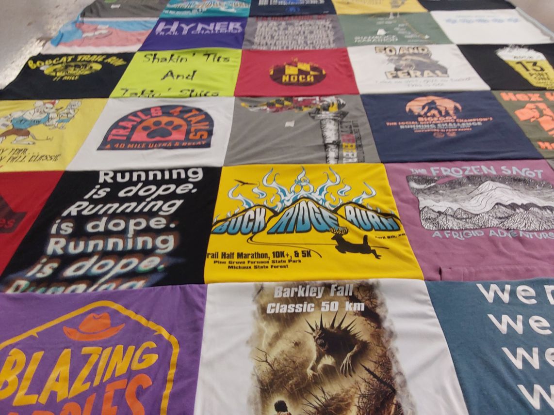 T-shirt quilt with running, trail running themes by JoAnna from MD