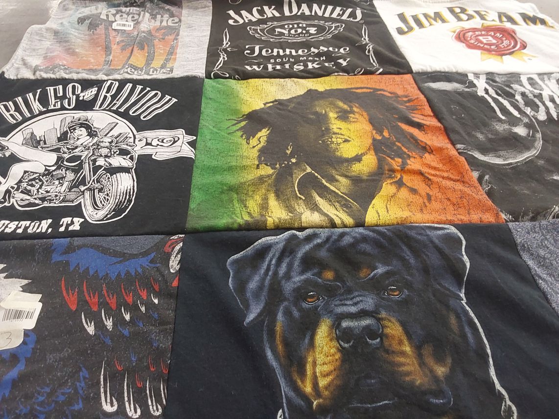 T-shirt quilt with motorcycles, whiskey themes by April from TX