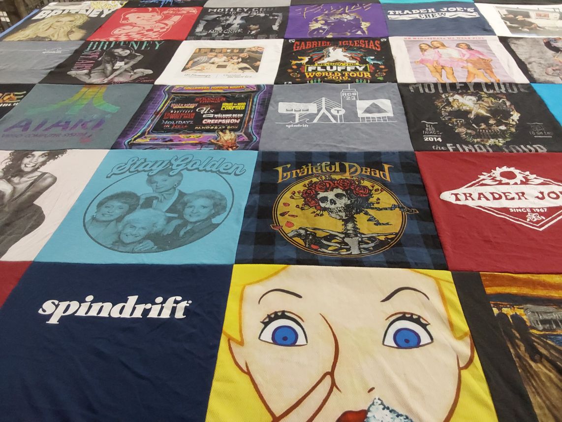 T-shirt quilt with music, comedy themes by Pete from CA
